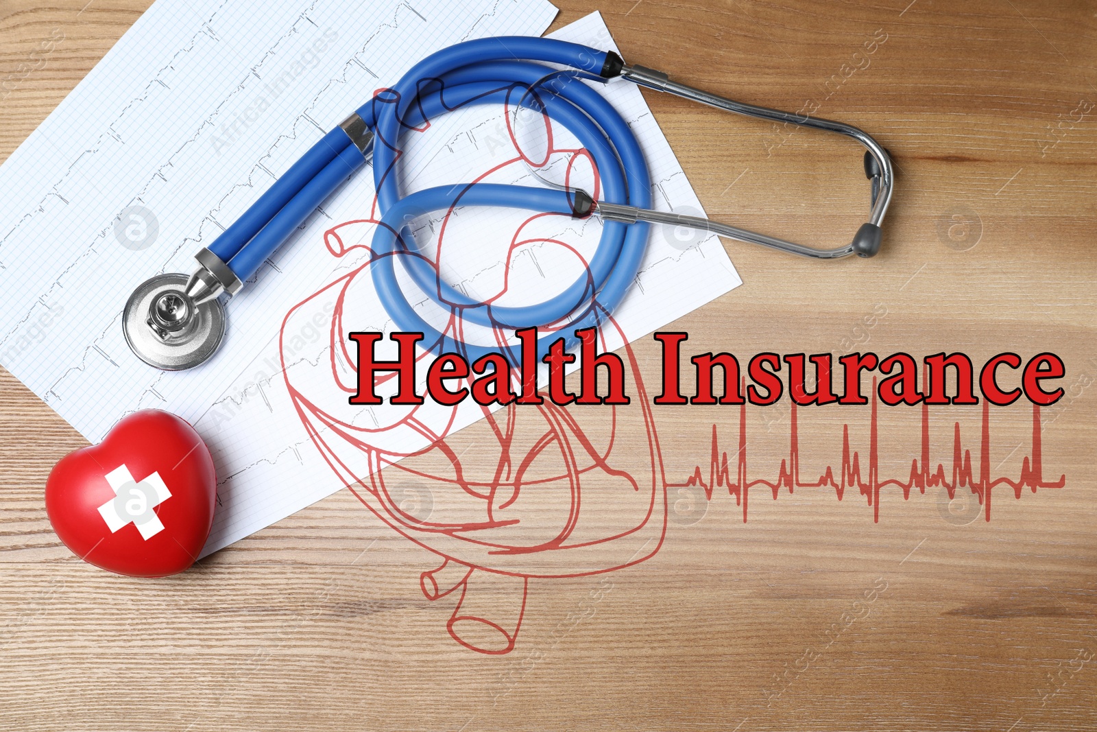 Image of Phrase Health Insurance, stethoscope, red heart and cardiogram on wooden background, flat lay