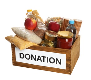 Photo of Donation box full of different products on white background