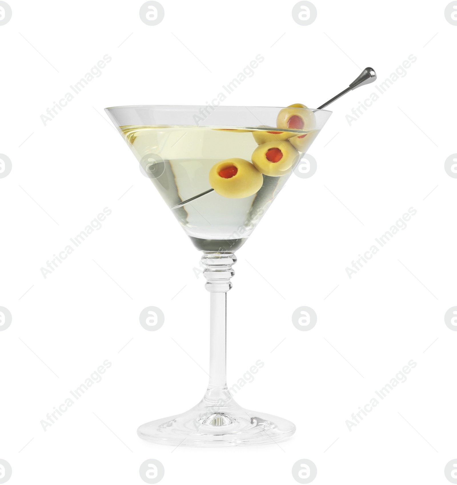 Photo of Martini cocktail with olives on white background