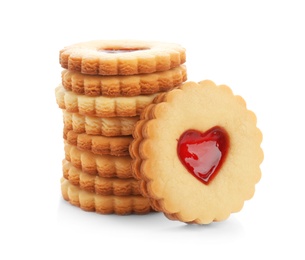 Photo of Traditional Christmas Linzer cookies with sweet jam on white background