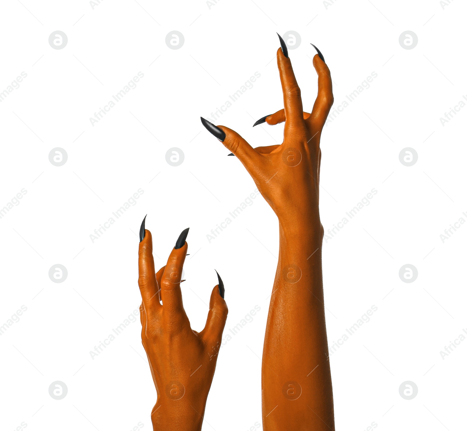 Image of Creepy monster. Orange hands with claws isolated on white