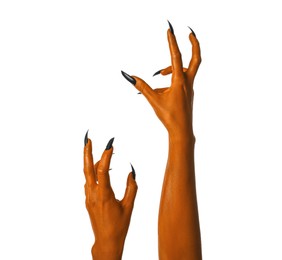 Image of Creepy monster. Orange hands with claws isolated on white