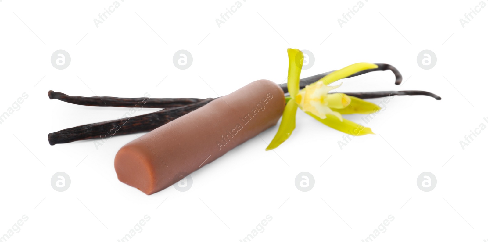 Photo of Glazed curd cheese bar, vanilla pods and flower isolated on white