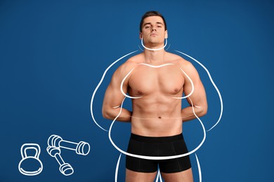 Image of Handsome man after weight loss on blue background 