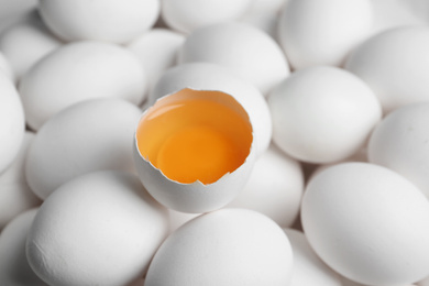 Photo of Fresh raw chicken eggs as background, closeup