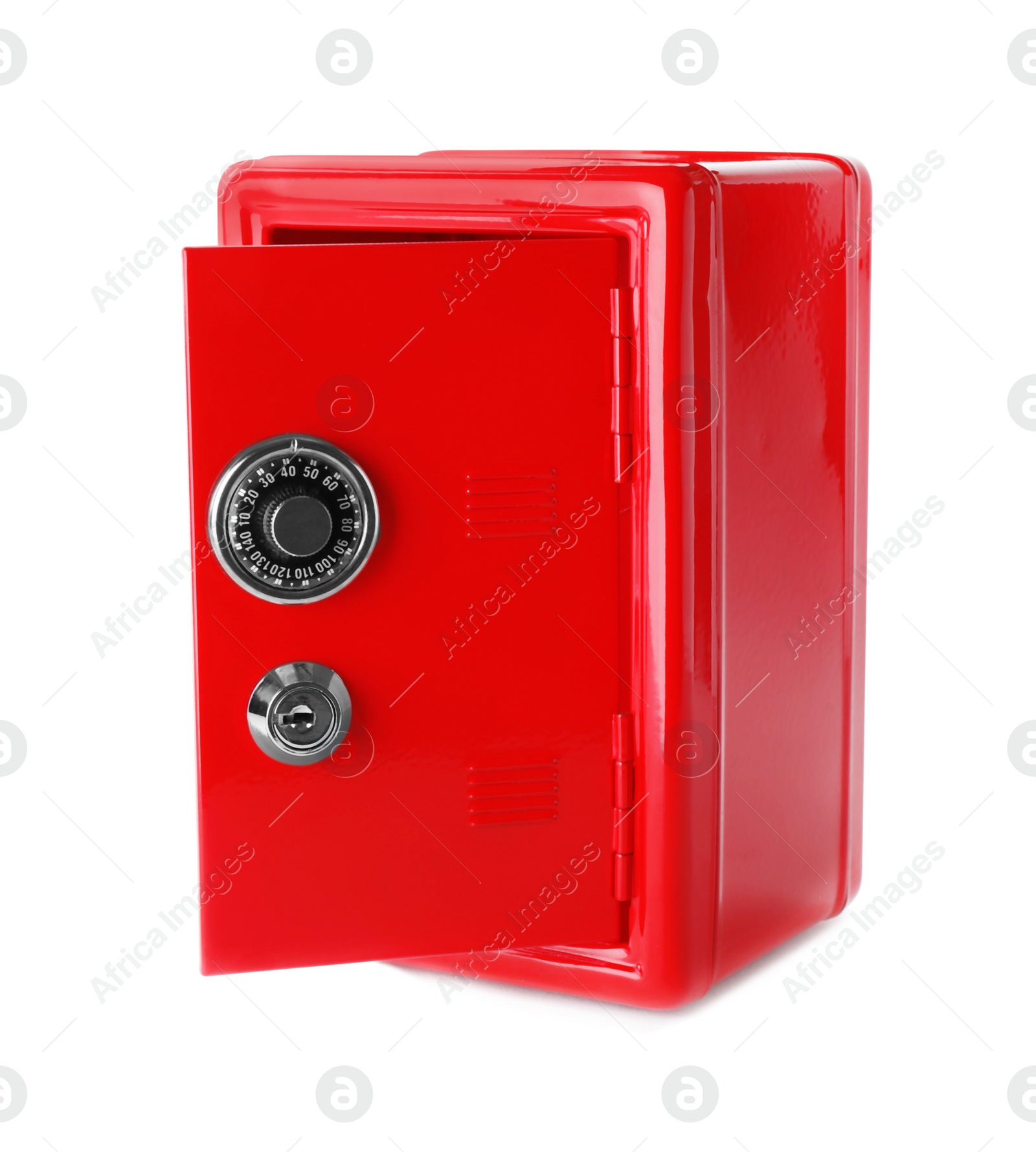 Photo of Open red steel safe isolated on white