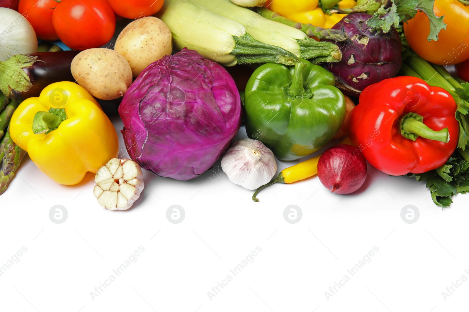 Photo of Many fresh ripe vegetables on white background, above view. Space for text