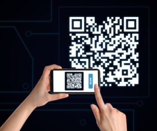 Image of Woman scanning QR code with smartphone on black background, closeup