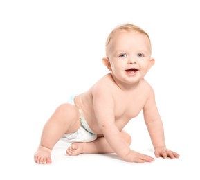 Photo of Cute little baby crawling on white background