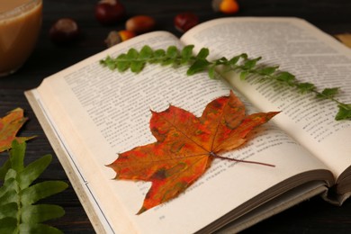 Photo of Book with leaves as bookmark on wooden table, closeup