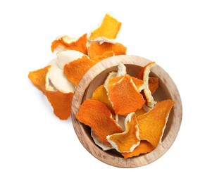 Photo of Dry orange peels in wooden bowl on white background, top view