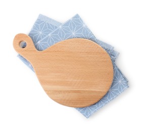 Photo of Wooden cutting board and napkin isolated on white, top view