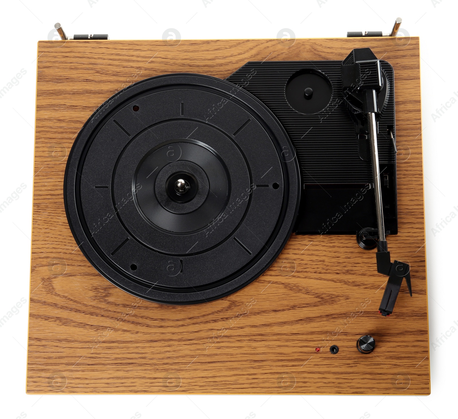 Photo of Modern vinyl record turntable isolated on white, top view