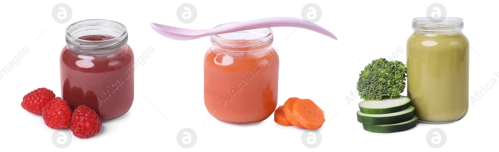 Image of Set of baby food in glass jars and fresh ingredients isolated on white