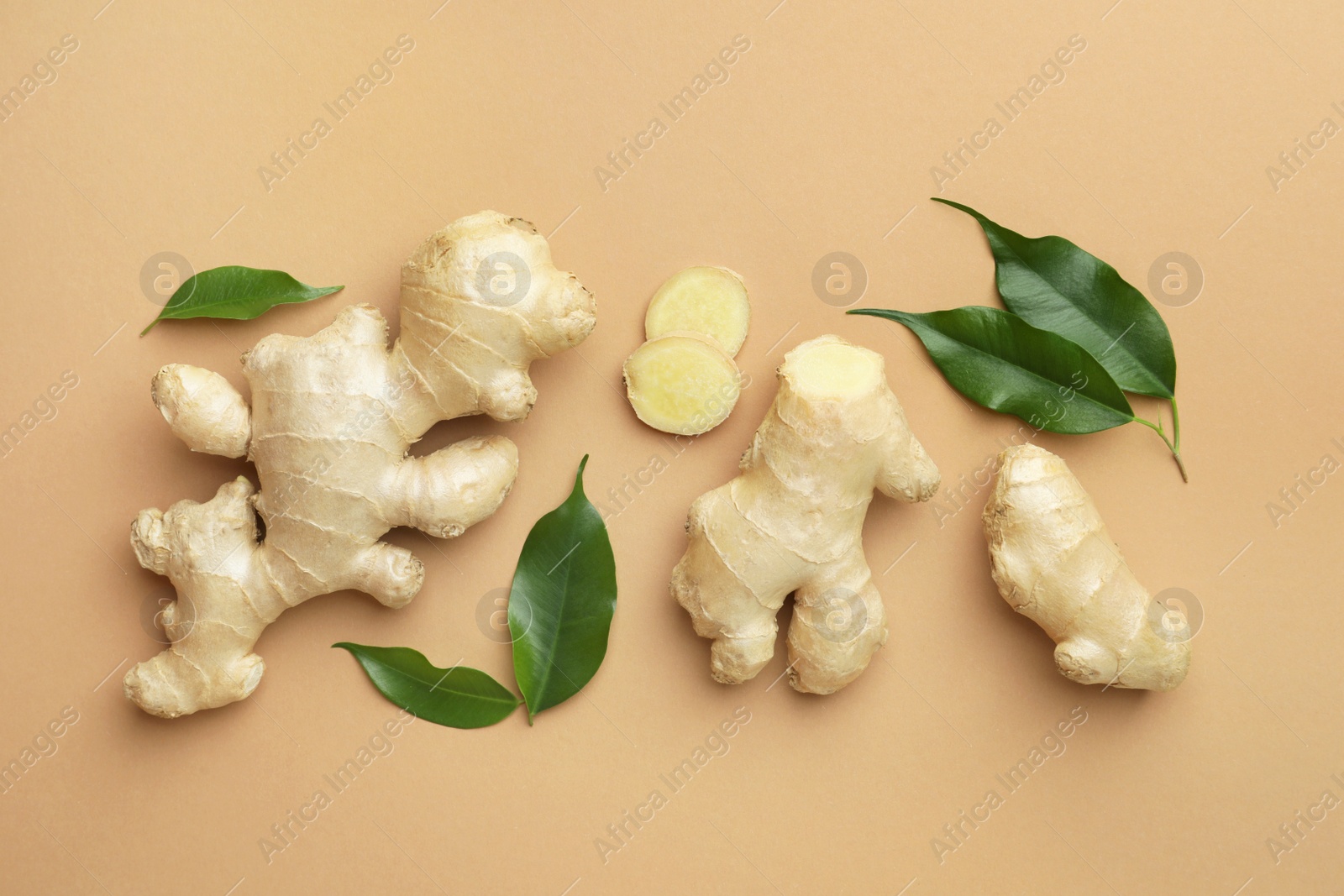 Photo of Fresh ginger with green leaves on light pale brown background, flat lay