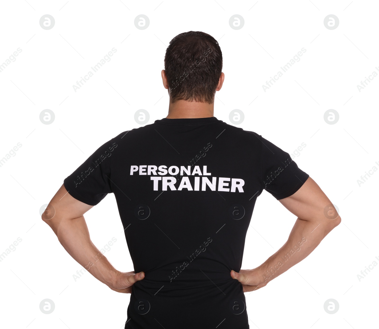 Photo of Personal trainer on white background, back view. Gym instructor