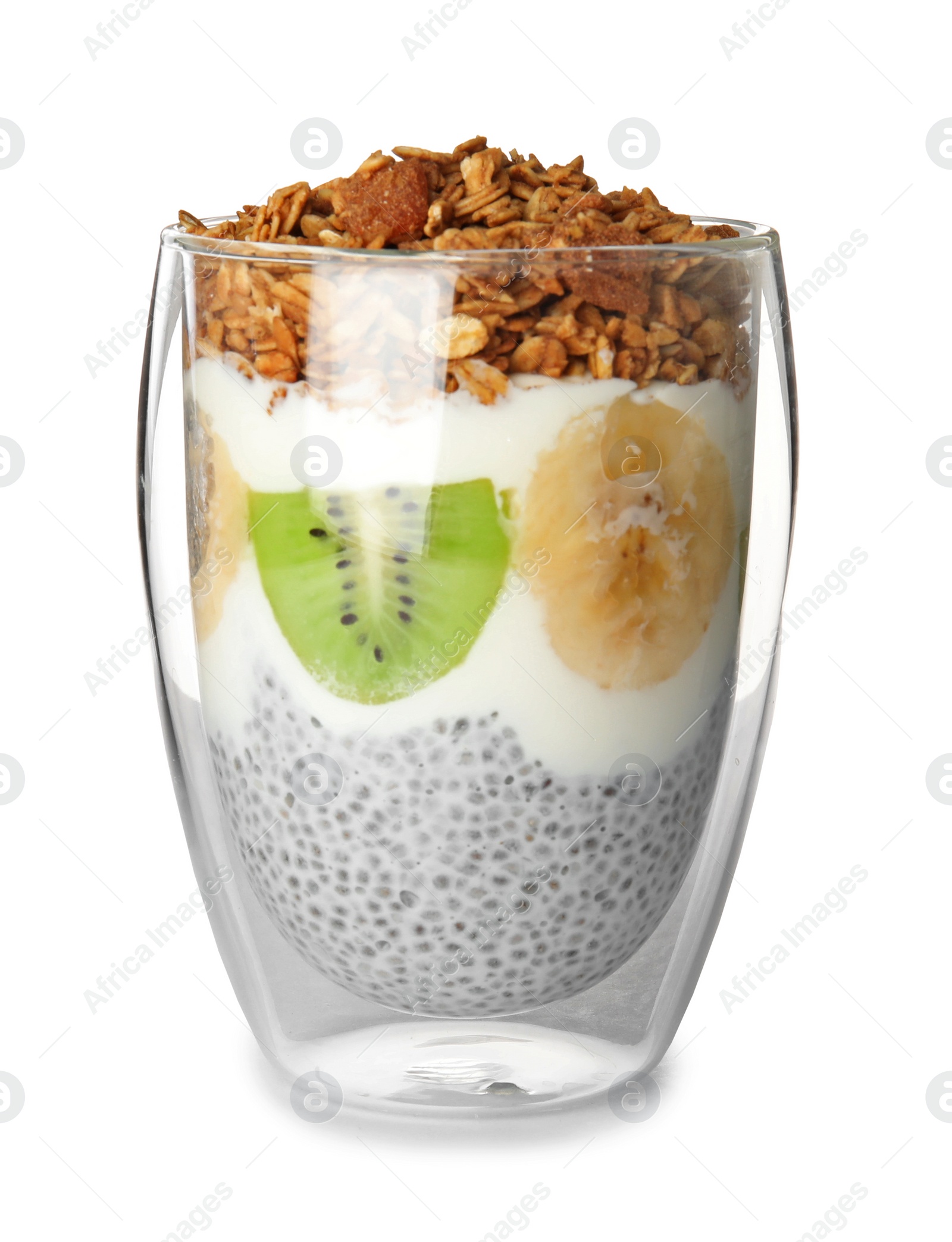 Photo of Glass of tasty chia seed pudding with granola and fruits isolated on white