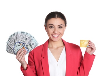 Photo of Portrait of young woman holding money banknotes and credit card on white background