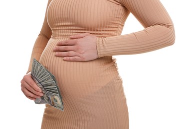 Photo of Surrogate mother. Pregnant woman with dollar banknotes on white background, closeup