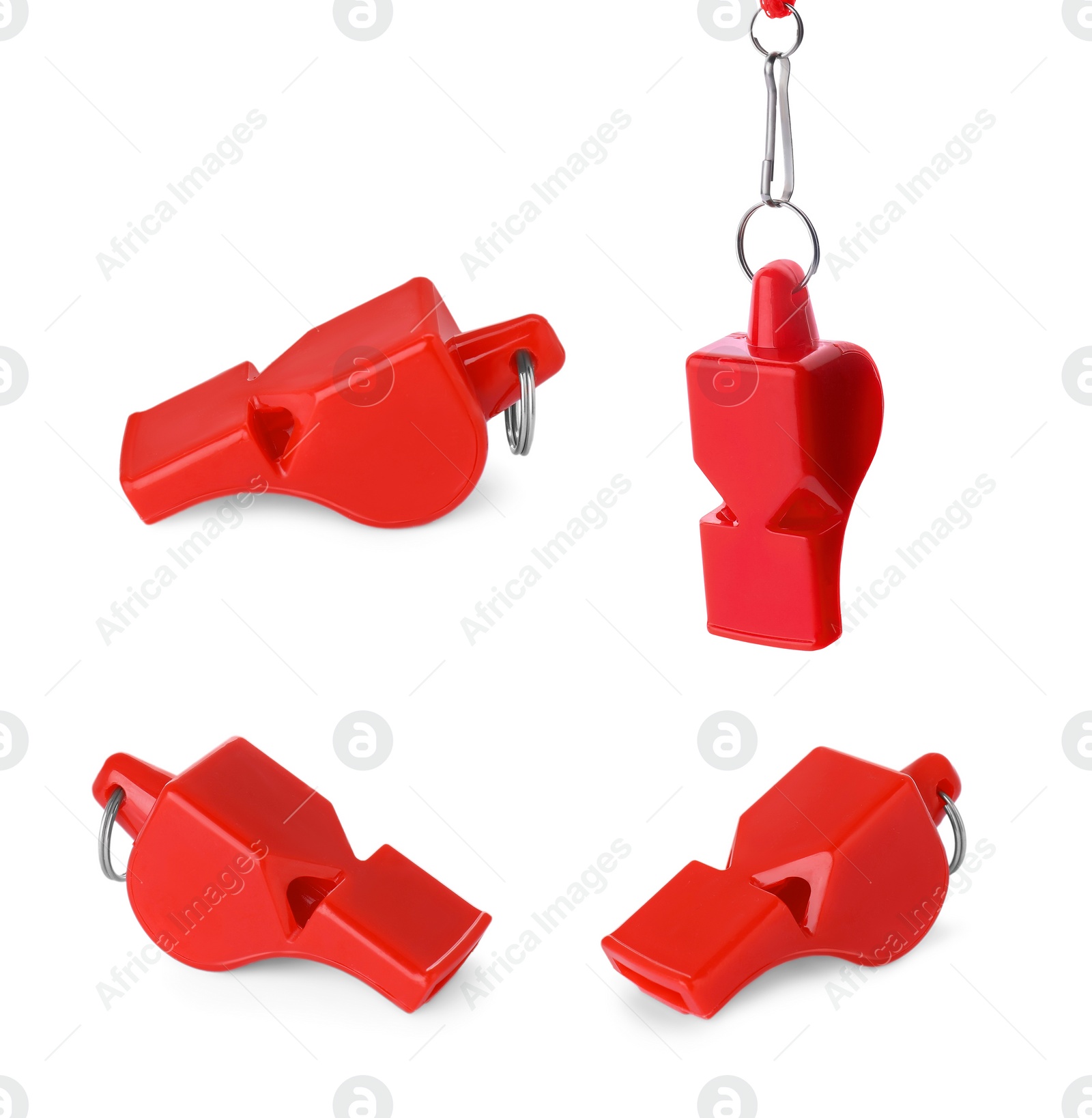 Image of Red whistle with cord isolated on white, set