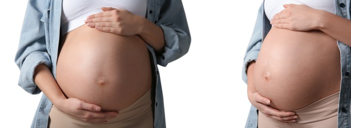 Image of Collage with photos of pregnant woman touching her belly on beige background, closeup. Banner design