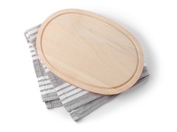 Wooden cutting board and kitchen towel on white background, top view