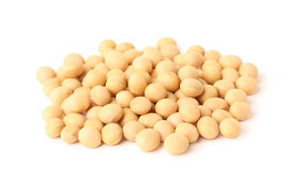 Photo of Pile of raw soya beans on white background. Vegetable planting