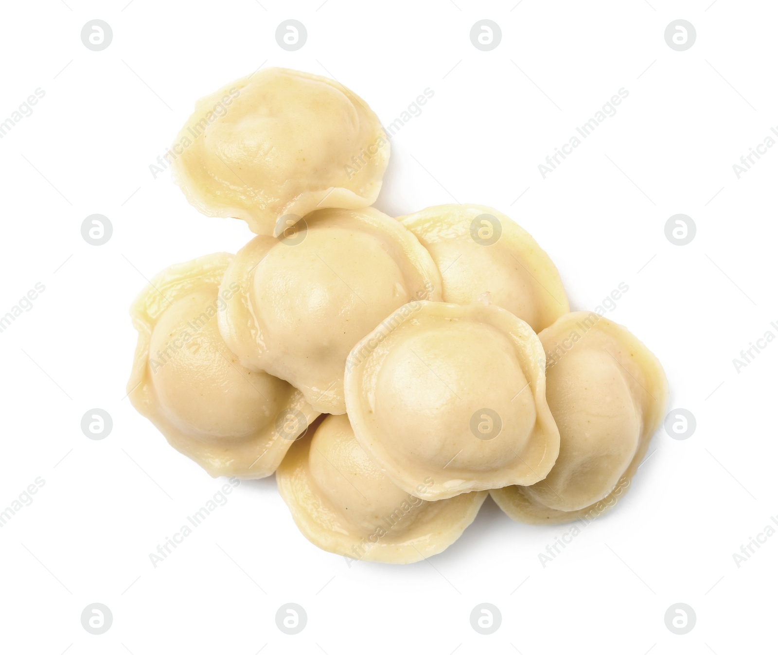 Photo of Boiled dumplings on white background, top view