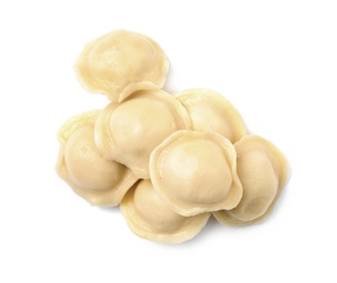 Photo of Boiled dumplings on white background, top view