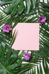 Photo of Flat lay composition with tropical leaves and Hibiscus flowers on white background. Space for text