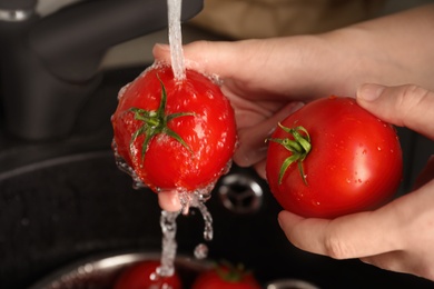 Photo of Woman washing ripe tomatoes in sink, closeup