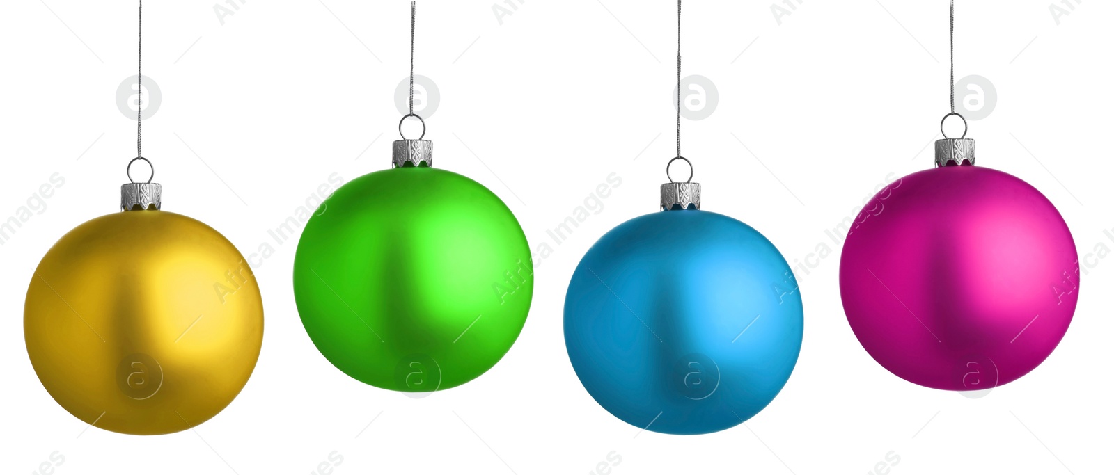 Image of Bright Christmas ball hanging on white background, collection