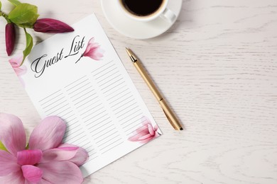 Photo of Guest list, coffee, pen and beautiful flowers on white wooden table, flat lay. Space for text