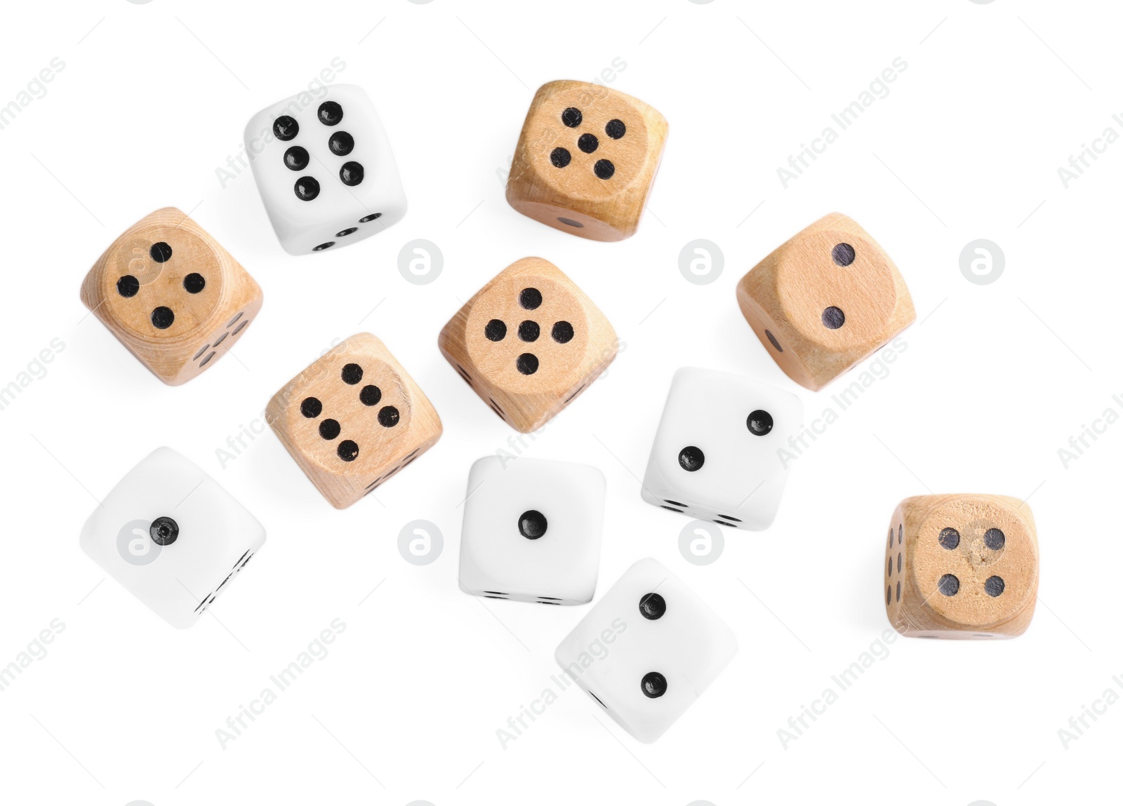 Photo of Many dices isolated on white, top view