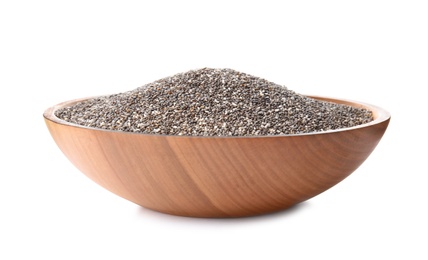 Photo of Bowl with chia seeds isolated on white