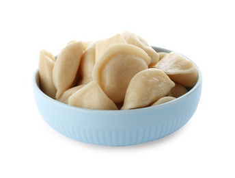 Photo of Delicious cooked dumplings in bowl on white background