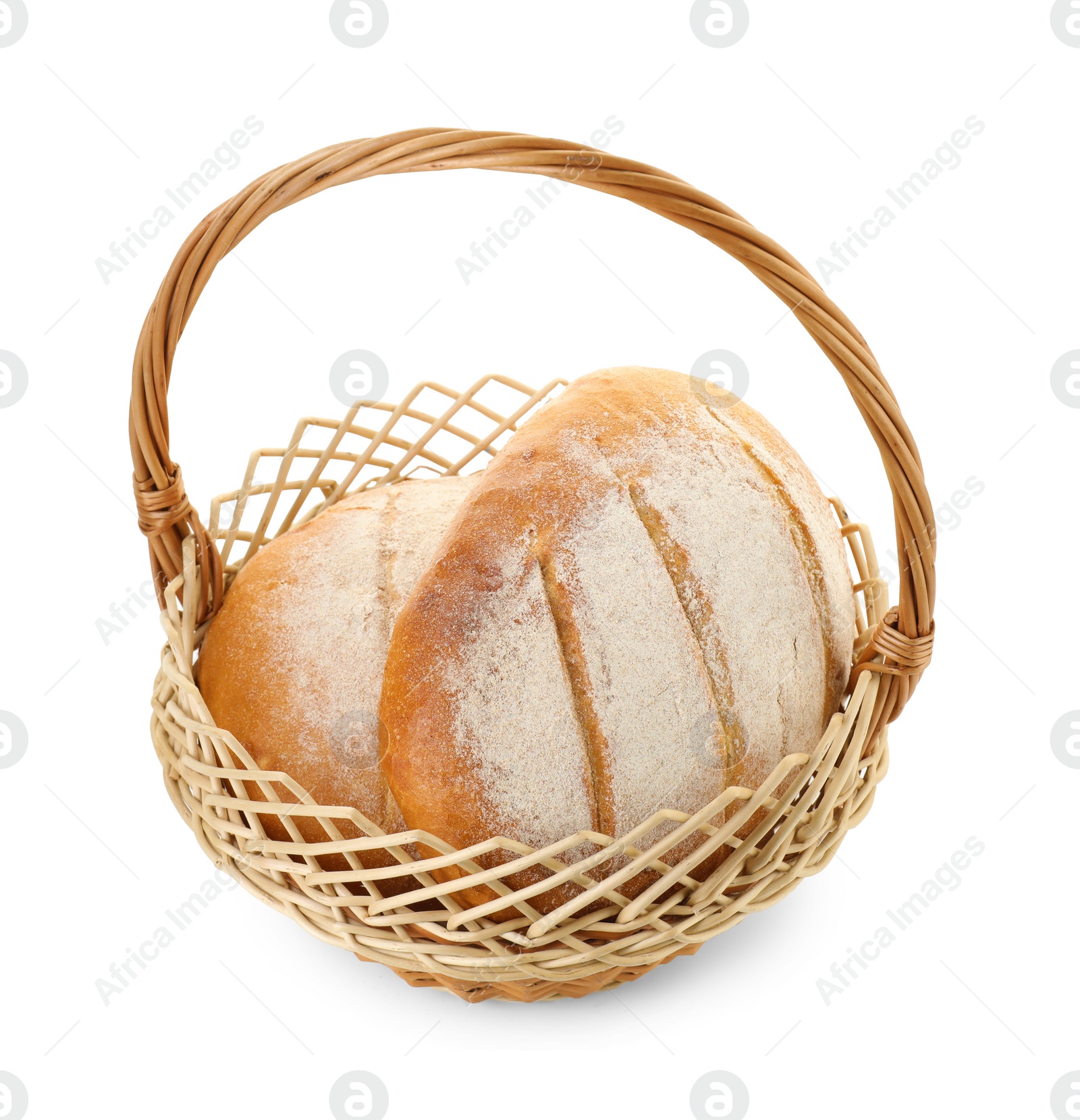 Photo of Wicker basket with fresh bread isolated on white