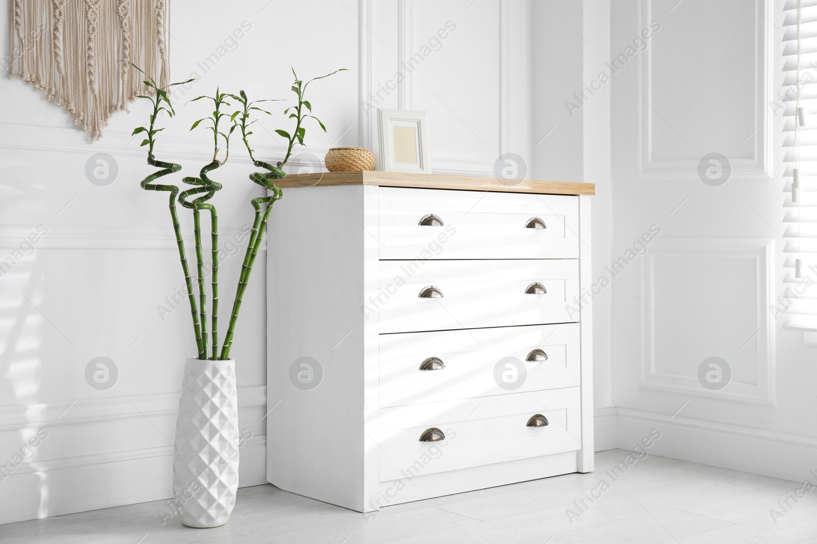Photo of Vase with green bamboo stems near chest of drawers in room. Interior design