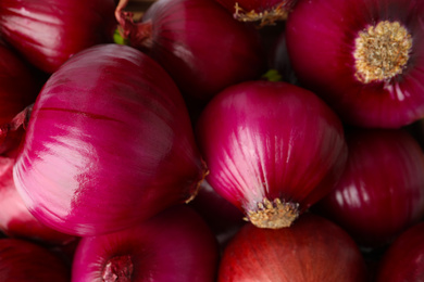 Many fresh red onions as background, closeup view