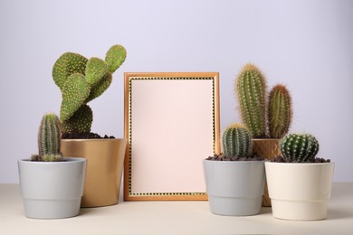 Different cacti in pots and empty frame on beige table