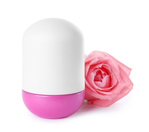 Photo of Roll-on female deodorant with pink rose on white background. Skin care