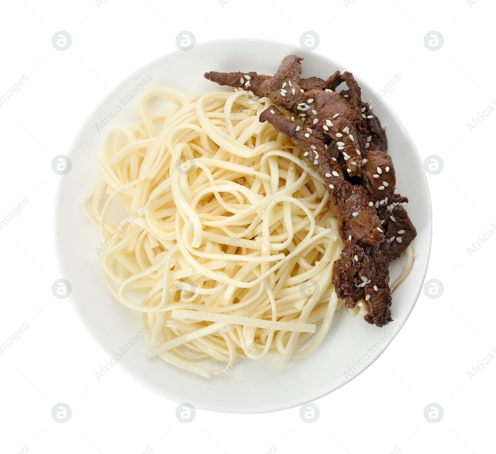 Photo of Tasty cooked rice noodles with meat isolated on white, top view