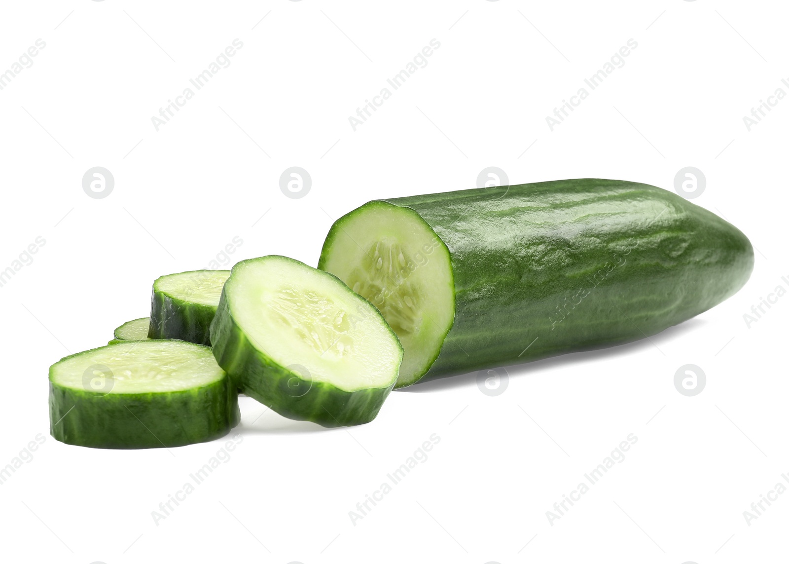 Photo of Cut ripe long cucumber isolated on white