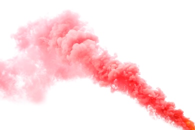Photo of Trail of red smoke on white background