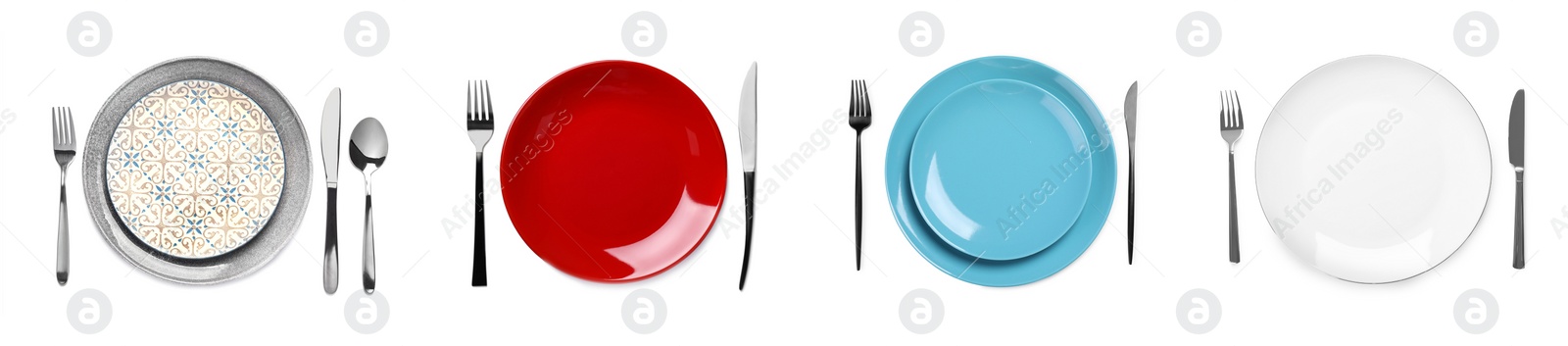 Image of Set with table settings in minimalism style on white background, top view. Banner design