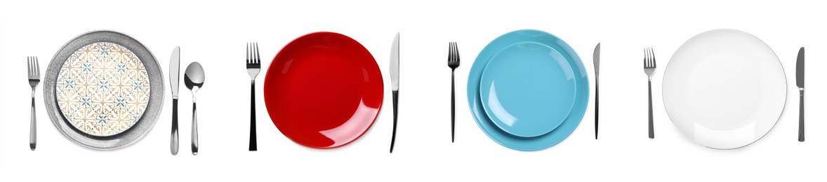 Set with table settings in minimalism style on white background, top view. Banner design