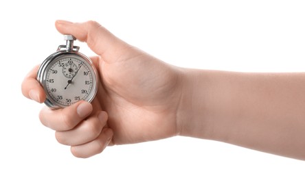 Woman holding vintage timer on white background, closeup