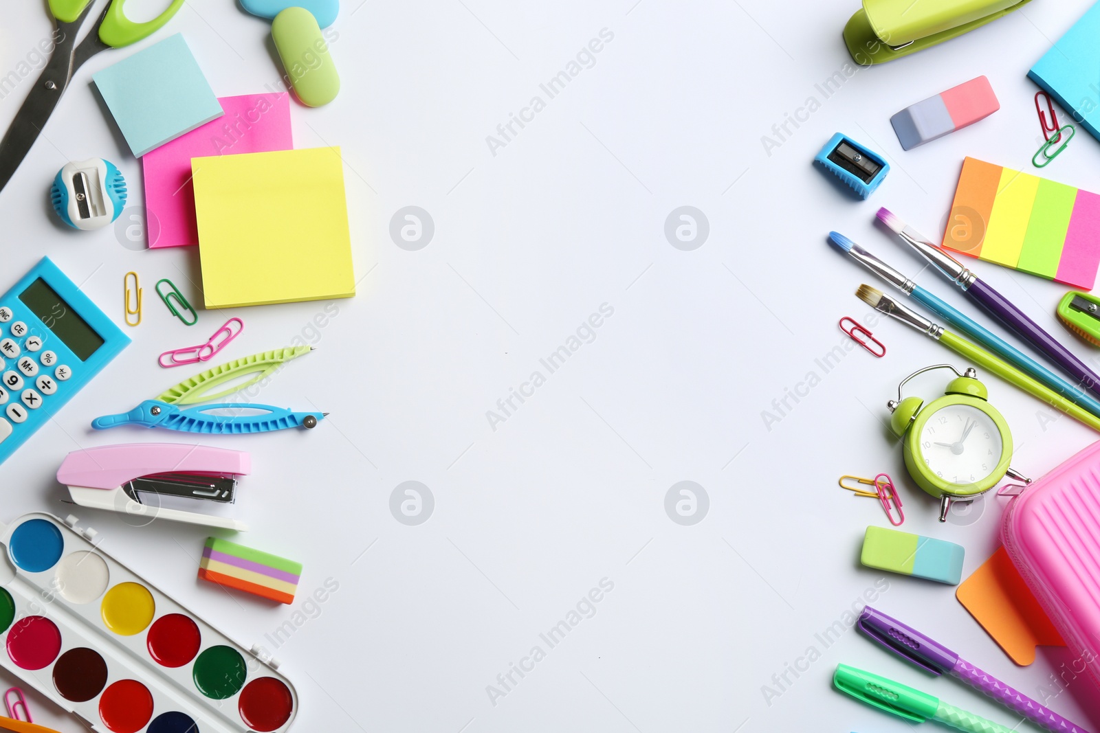Photo of School stationery on white background, flat lay with space for text. Back to school