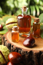 Chestnuts and bottles of essential oil on wooden log outdoors, closeup