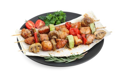 Delicious shish kebabs with vegetables and spices isolated on white